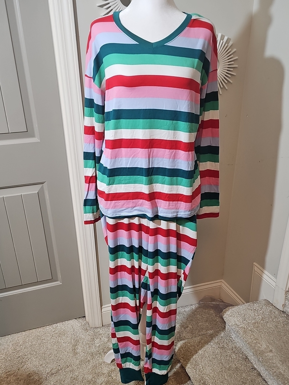Women’s Striped Multicolor V‑Neck Pajama Set - Green & Red